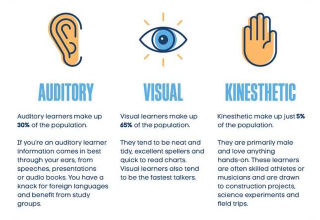 Los aprendices visuales son los más comunes de los tres tipos: visual, auditivo y kinestésico.