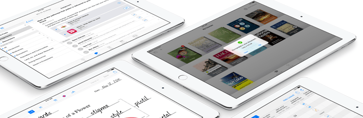 Multiple iPads display diffent interfaces on Apple's Keynote program.